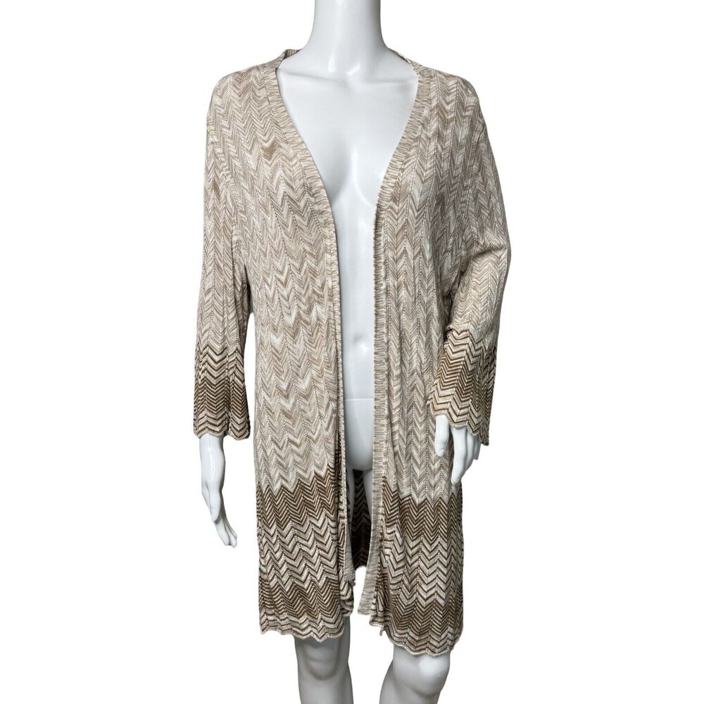 Chicos Sweater‎ Womens XL Tan Brown Chevron Open Front Waterfall Hem Neutral